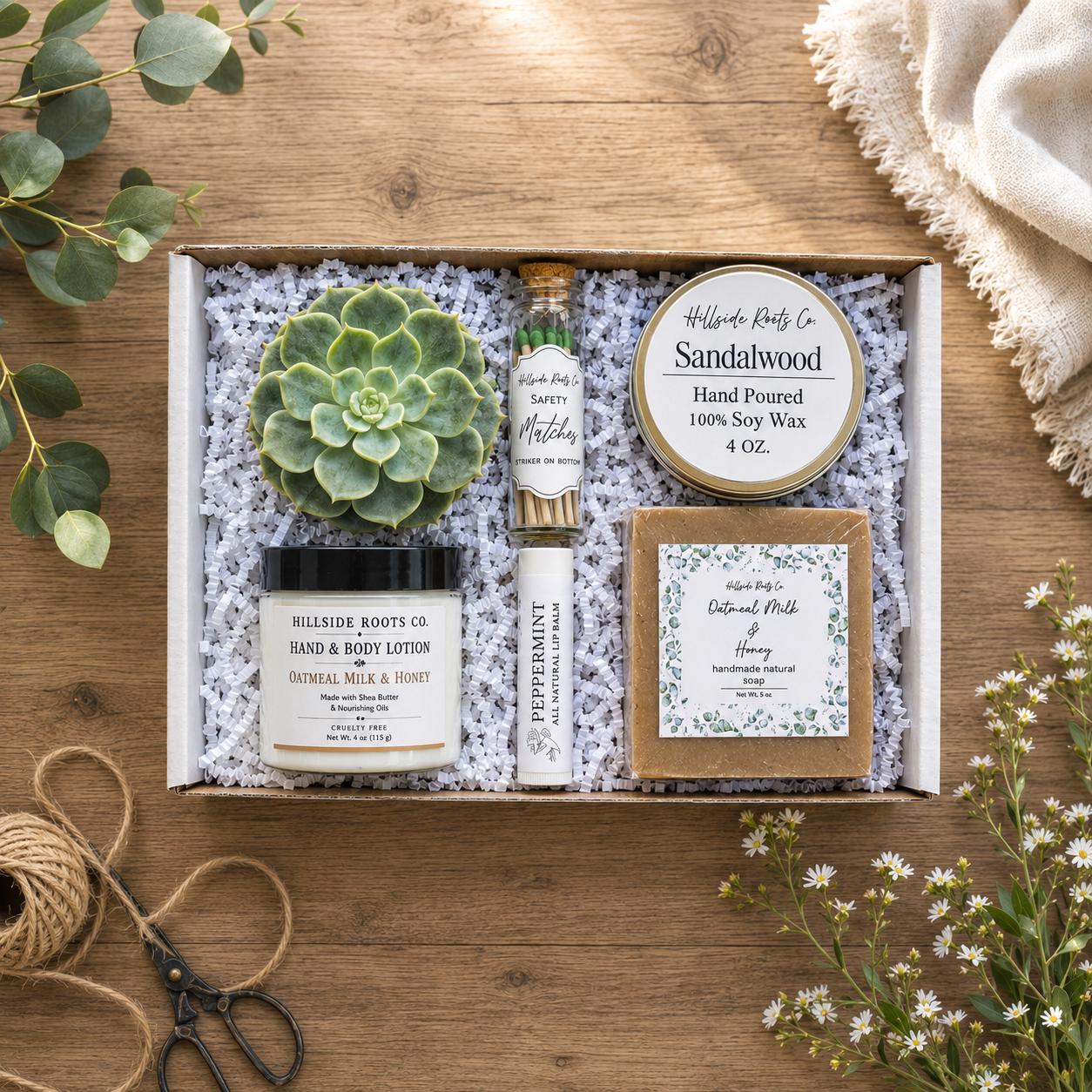 Housewarming Succulent Gift Box, Spa Gift Basket, Soy Candle, Natural Soap