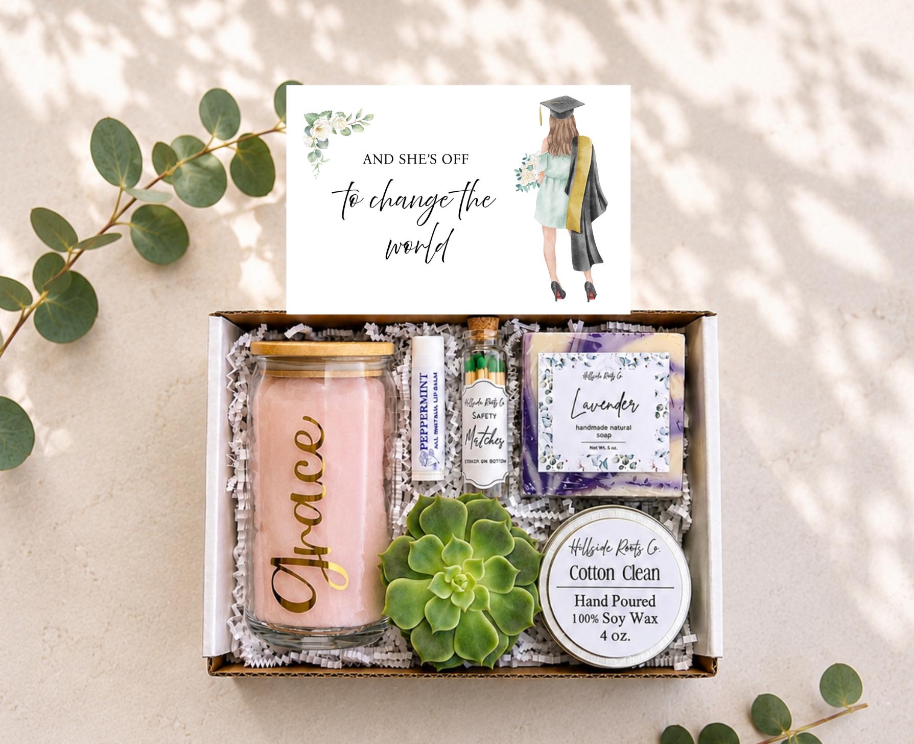 Graduation Succulent Gift Box: Live Succulent, Tumbler, Soy Candle, Natural Soap, Lip Balm