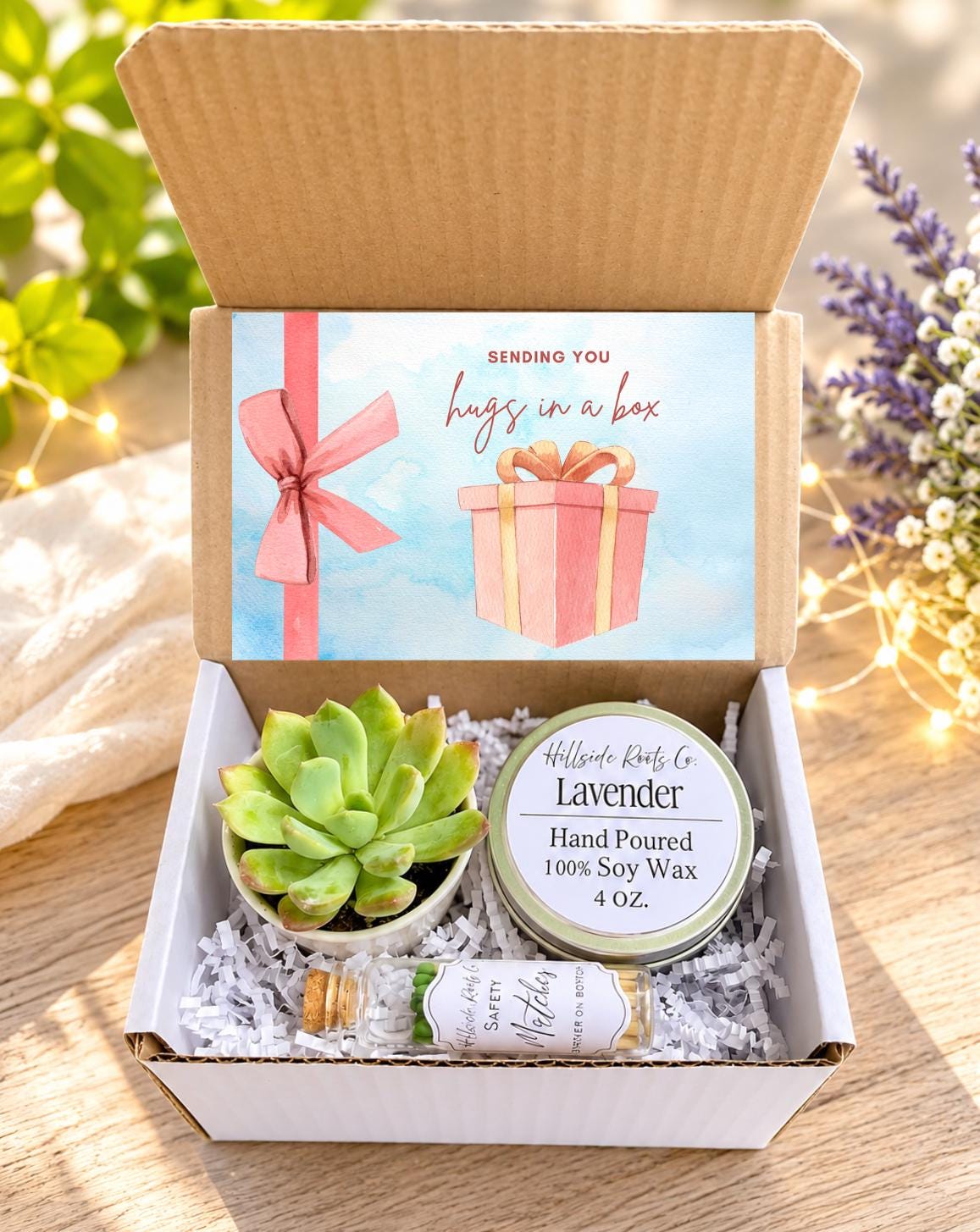 Succulent Gift Box, Hugs in a Box, Soy Candle, Matches, Thinking of You