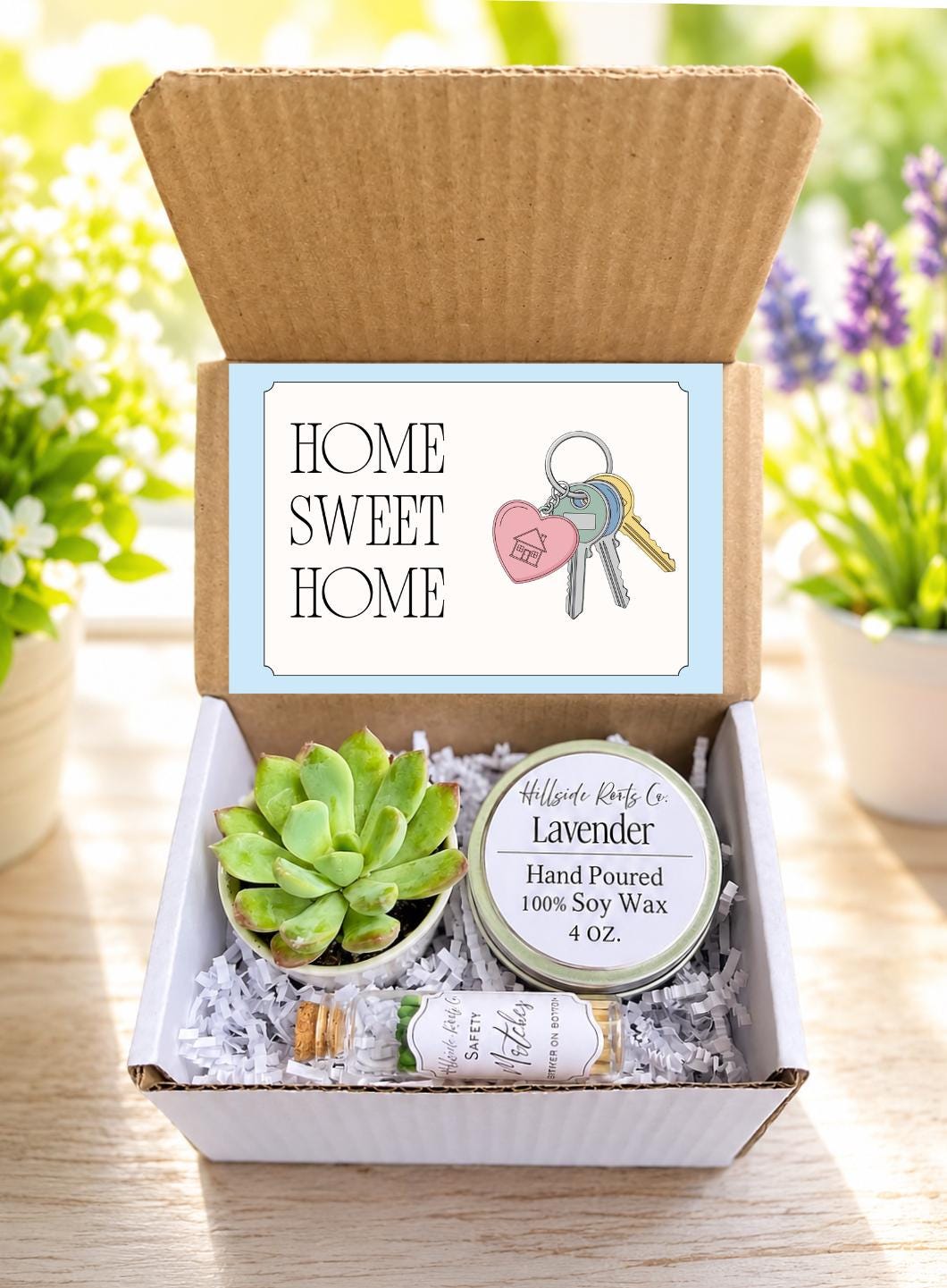 New Home Gift Box: House Warming Gift, Live Succulent, Soy Candle, Matches, Card