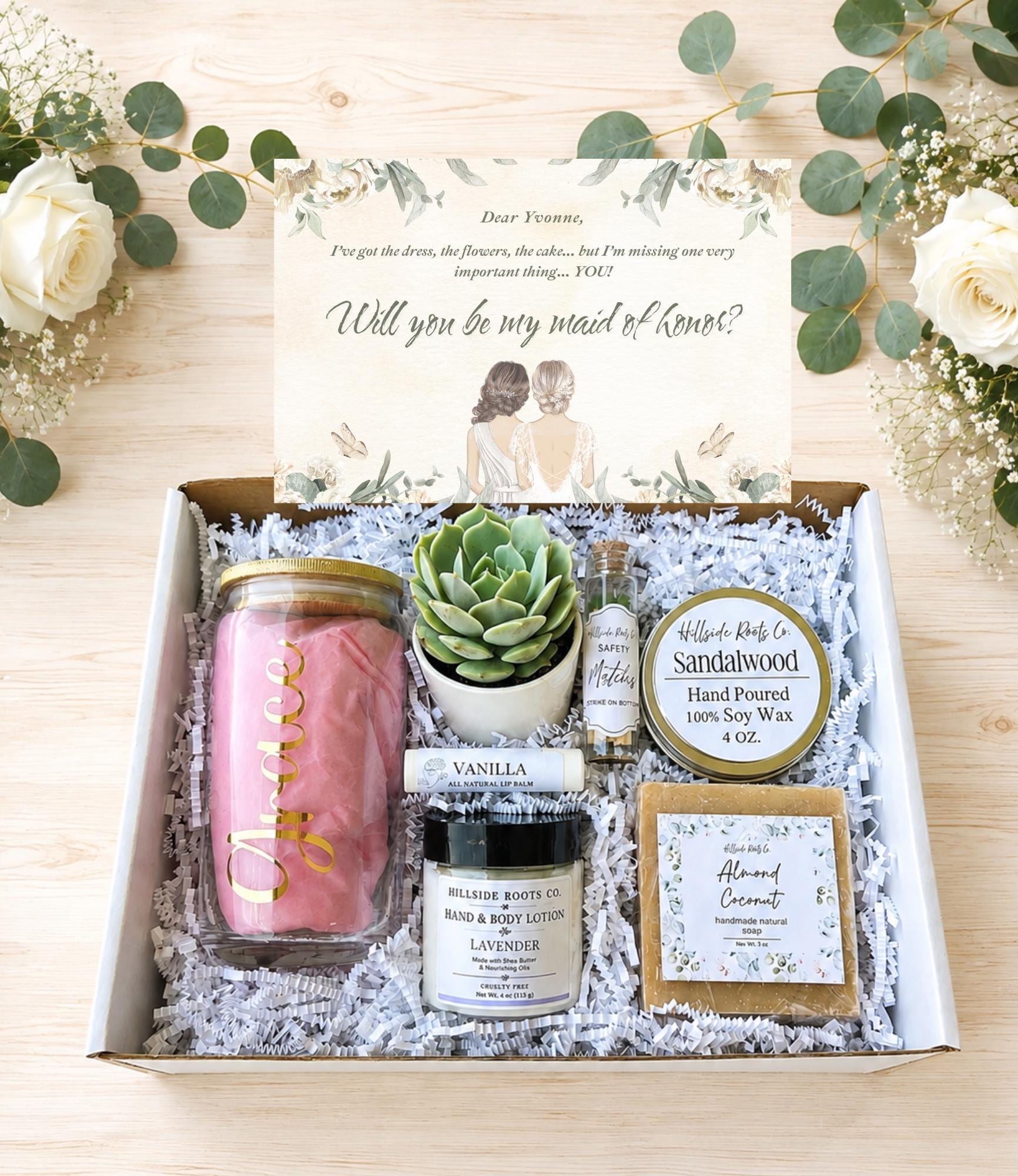 Bridesmaid Proposal Gift Box – Succulent, Candle, Tumbler, Spa Items