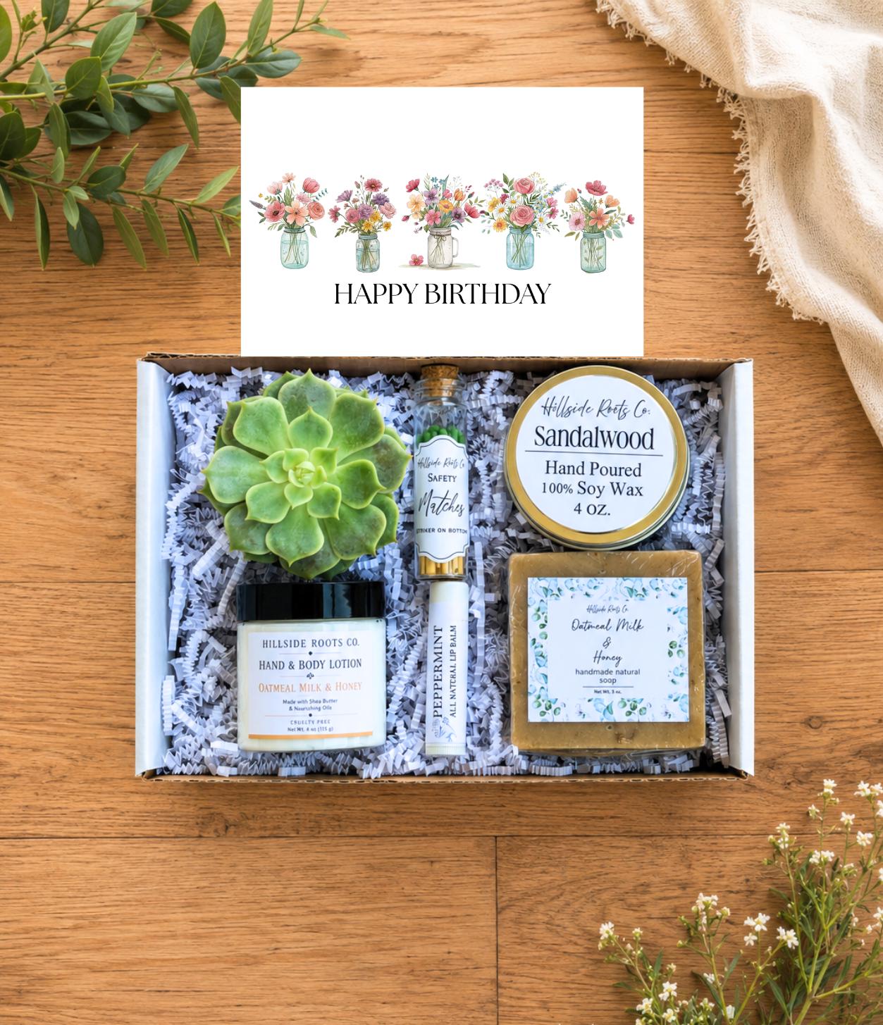 Birthday Succulent Gift Box, Live Plant, Soy Candle, Natural Soap, Lotion