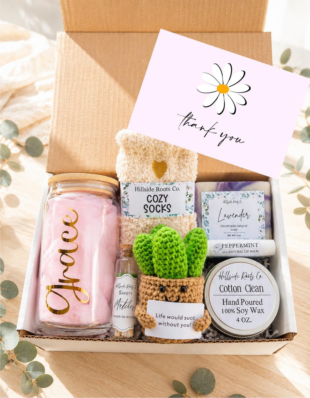 Thank You Gift Box: Succulent, Tumbler, Soy Candle, Soap, Lip Balm