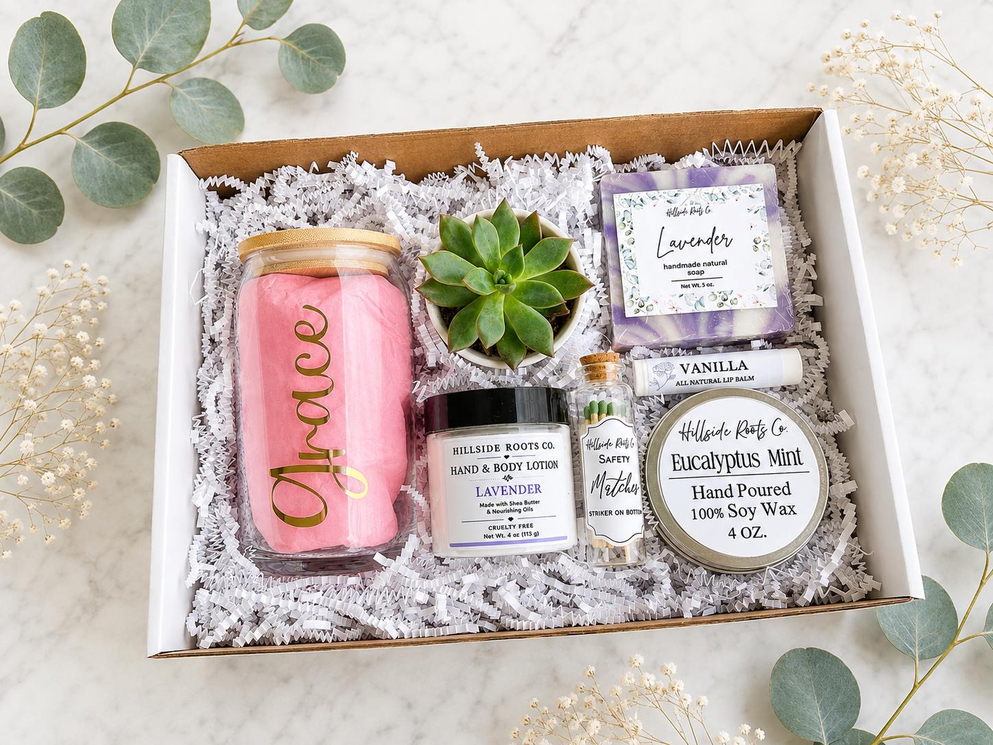 Floral Bridesmaid Proposal Gift Box – Live Succulent, Candle, Spa Items