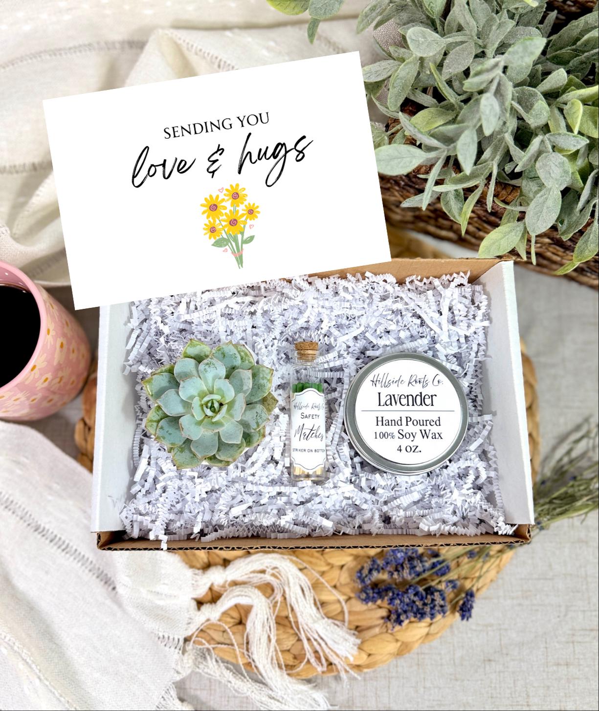Sympathy Gift Box – Live Succulent, Lavender Soy Candle, Matches (Love & Hugs)