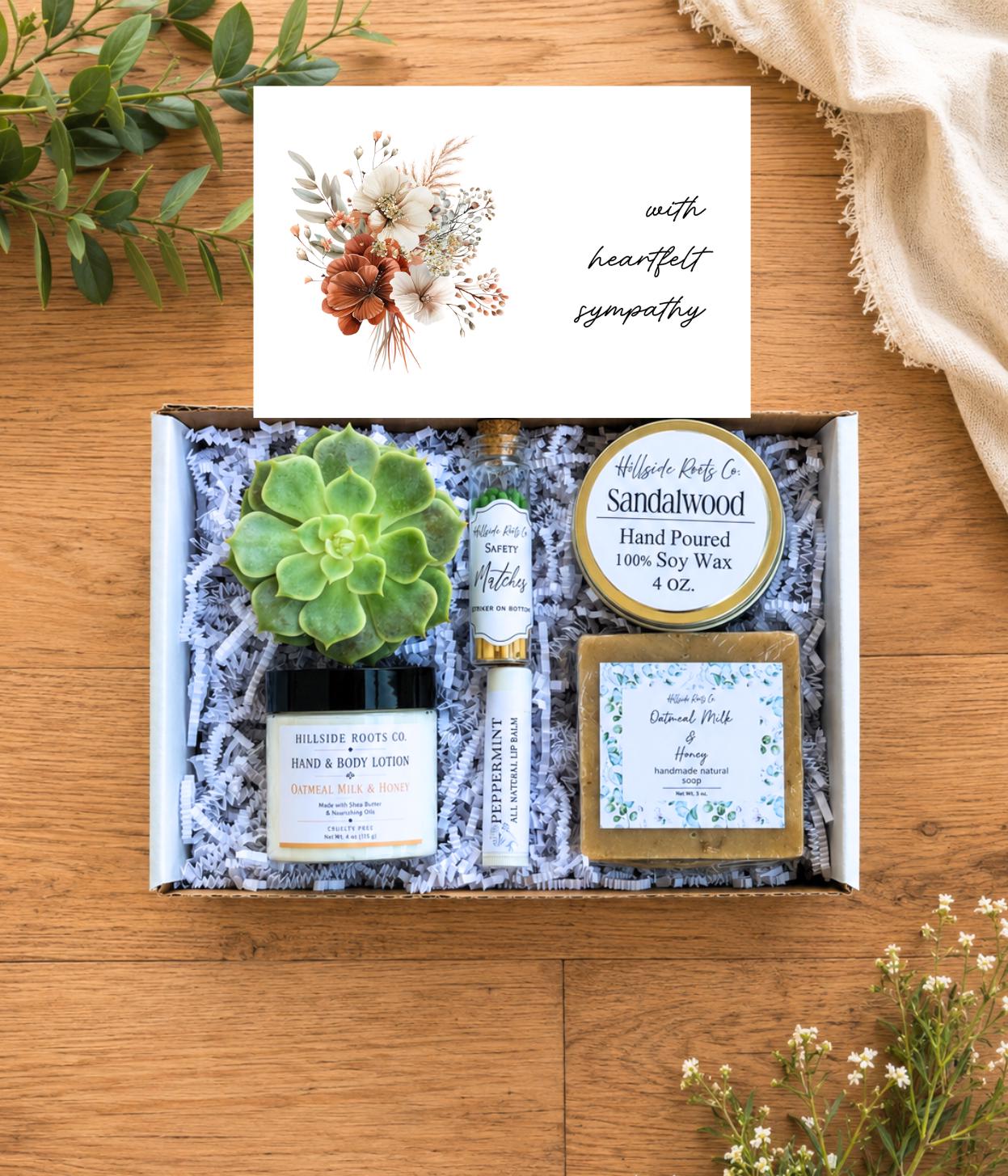 Succulent Sympathy Gift Box, Soy Candle, Natural Soap, Lotion
