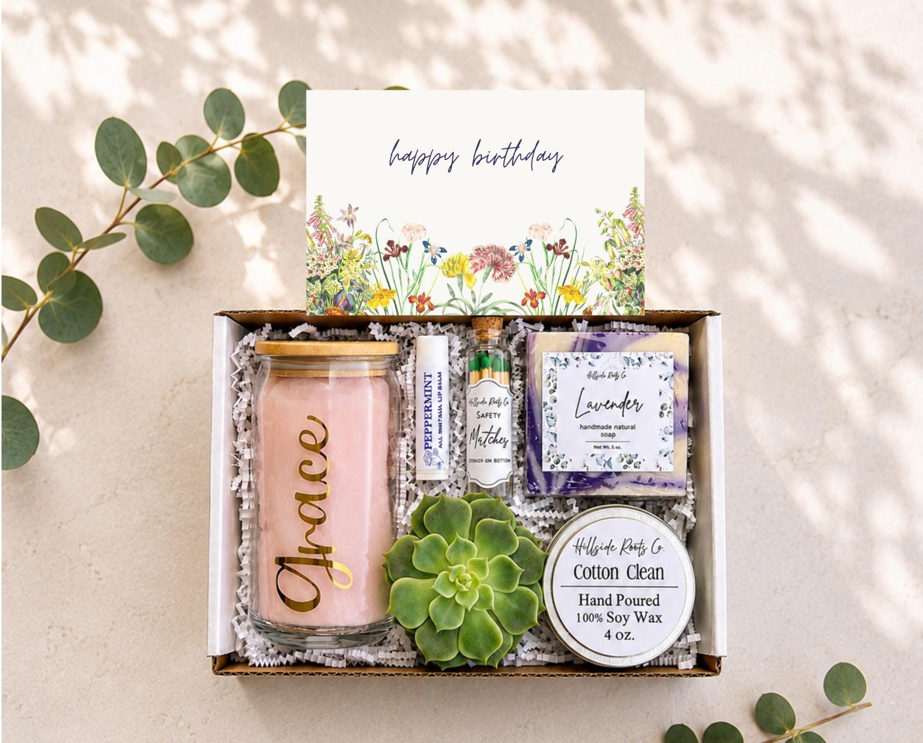 Happy Birthday Succulent Gift Box: Live Succulent, Tumbler, Soy Candle, Natural Soap, Lip Balm