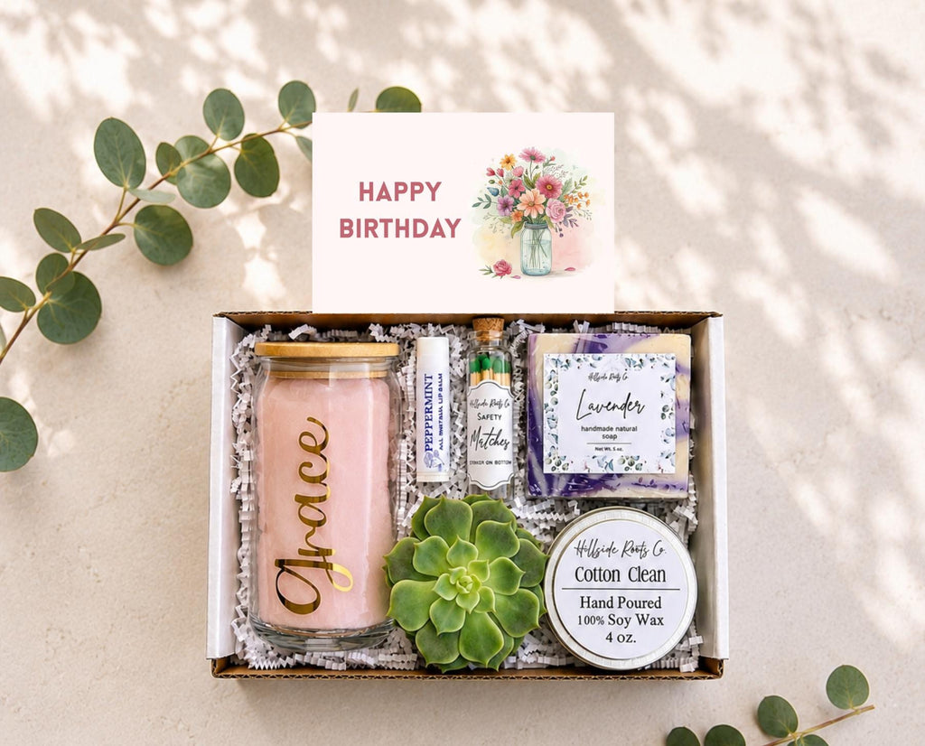 Mason Jar Birthday Succulent Gift Box: Live Succulent, Tumbler, Soy Candle, Natural Soap, Lip Balm