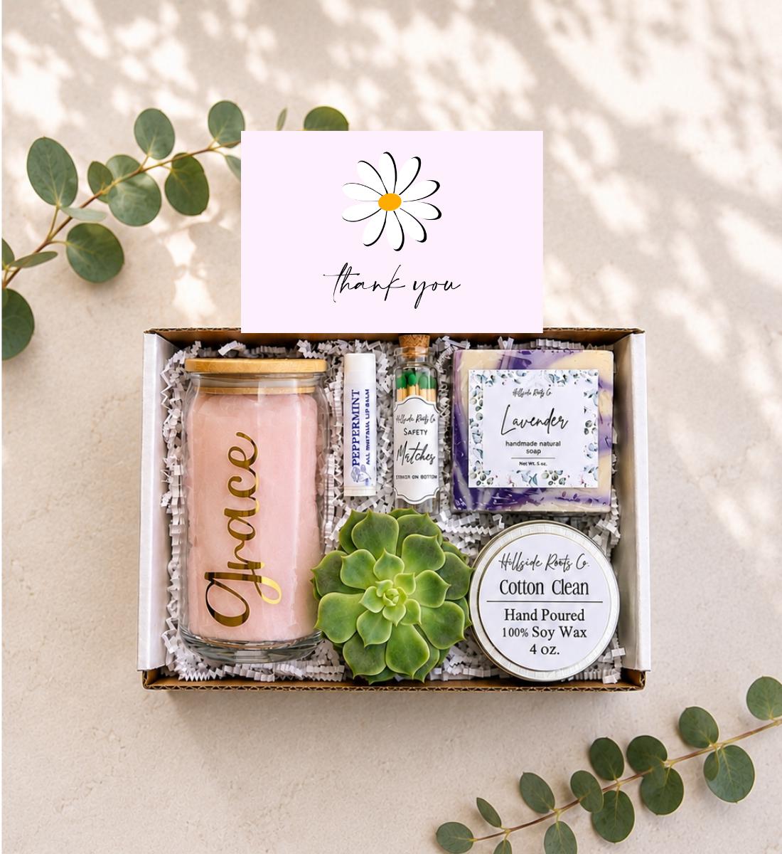 Thank You Succulent Gift Box: Live Succulent, Tumbler, Soy Candle, Natural Soap, Lip Balm