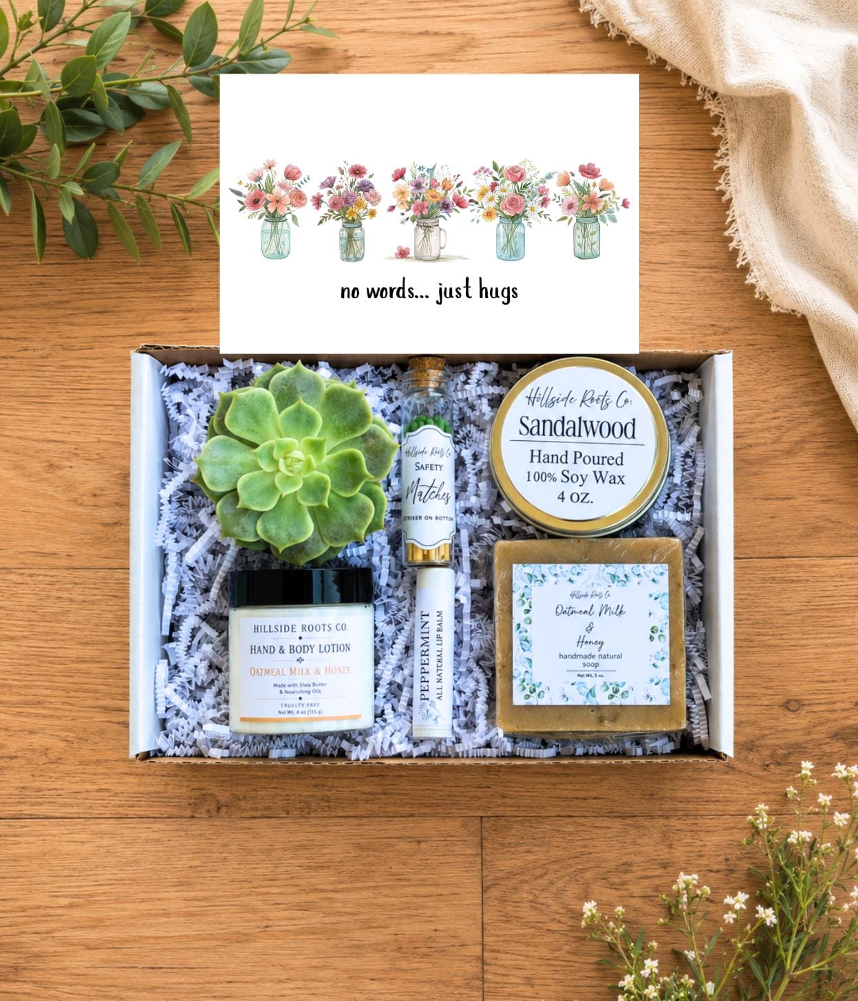 Sending Hugs Succulent Gift Box, Soy Candle, Natural Soap, Lip Balm, Hand Lotion