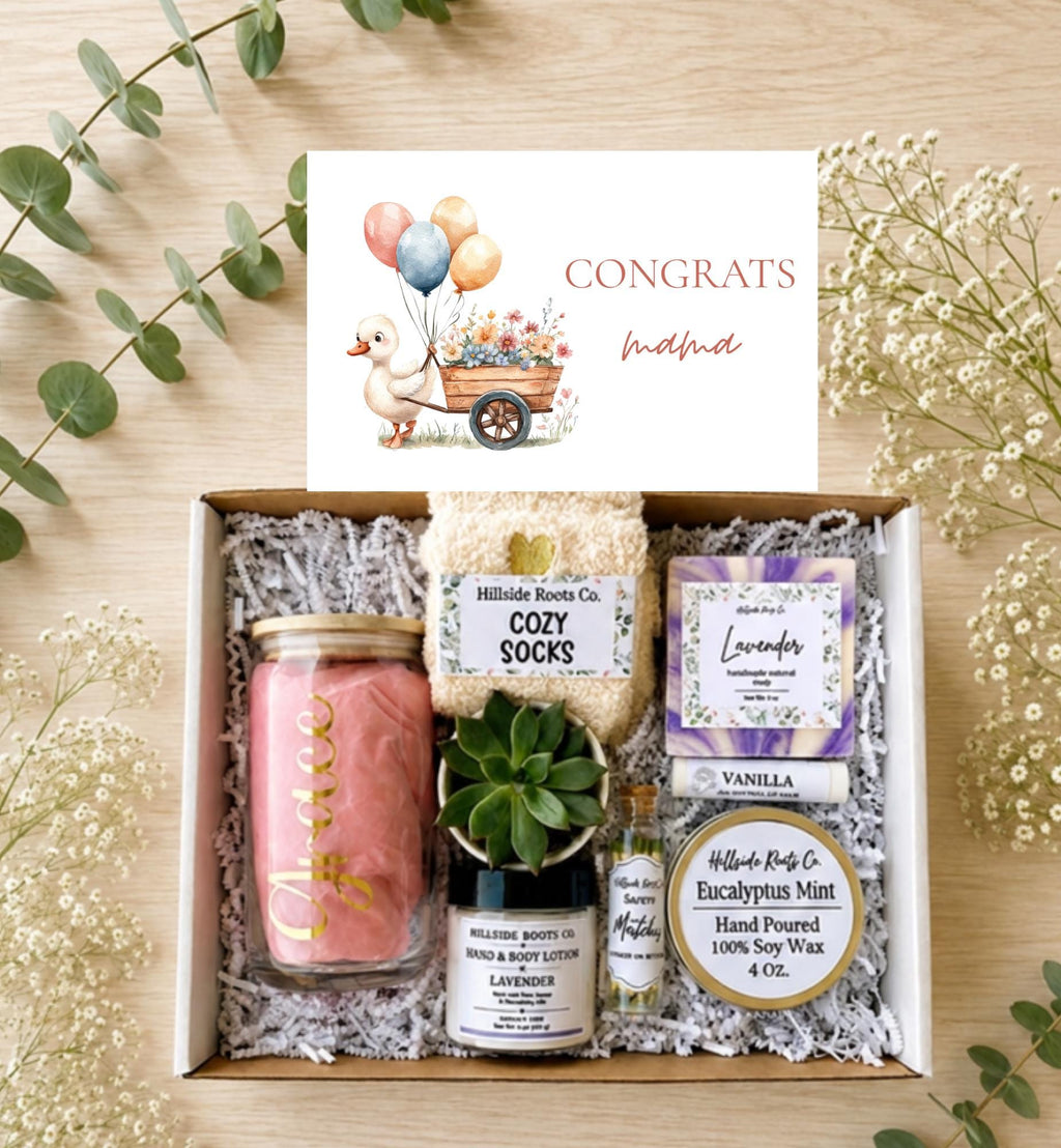 New Mom Gift Box: Live Succulent, Tumbler, Candle, Cozy Socks, Bath Items
