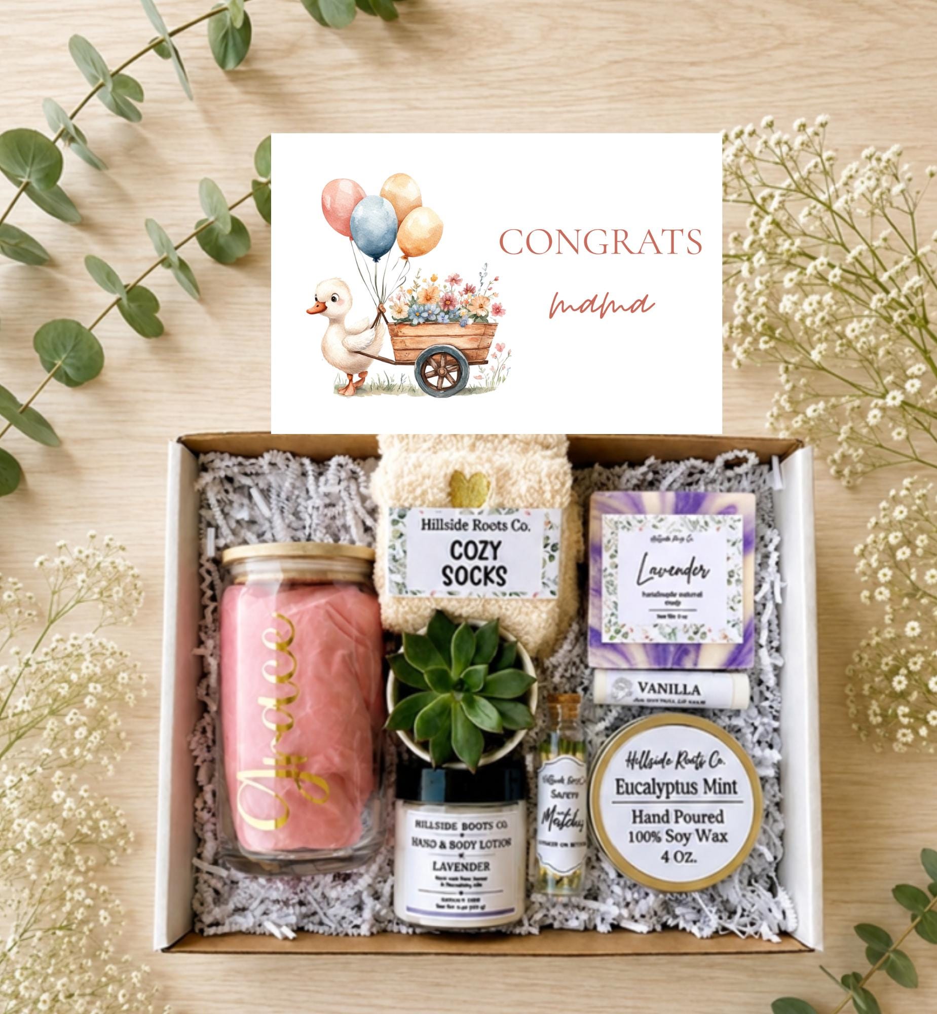 New Mom Gift Box: Live Succulent, Tumbler, Candle, Cozy Socks, Bath Items