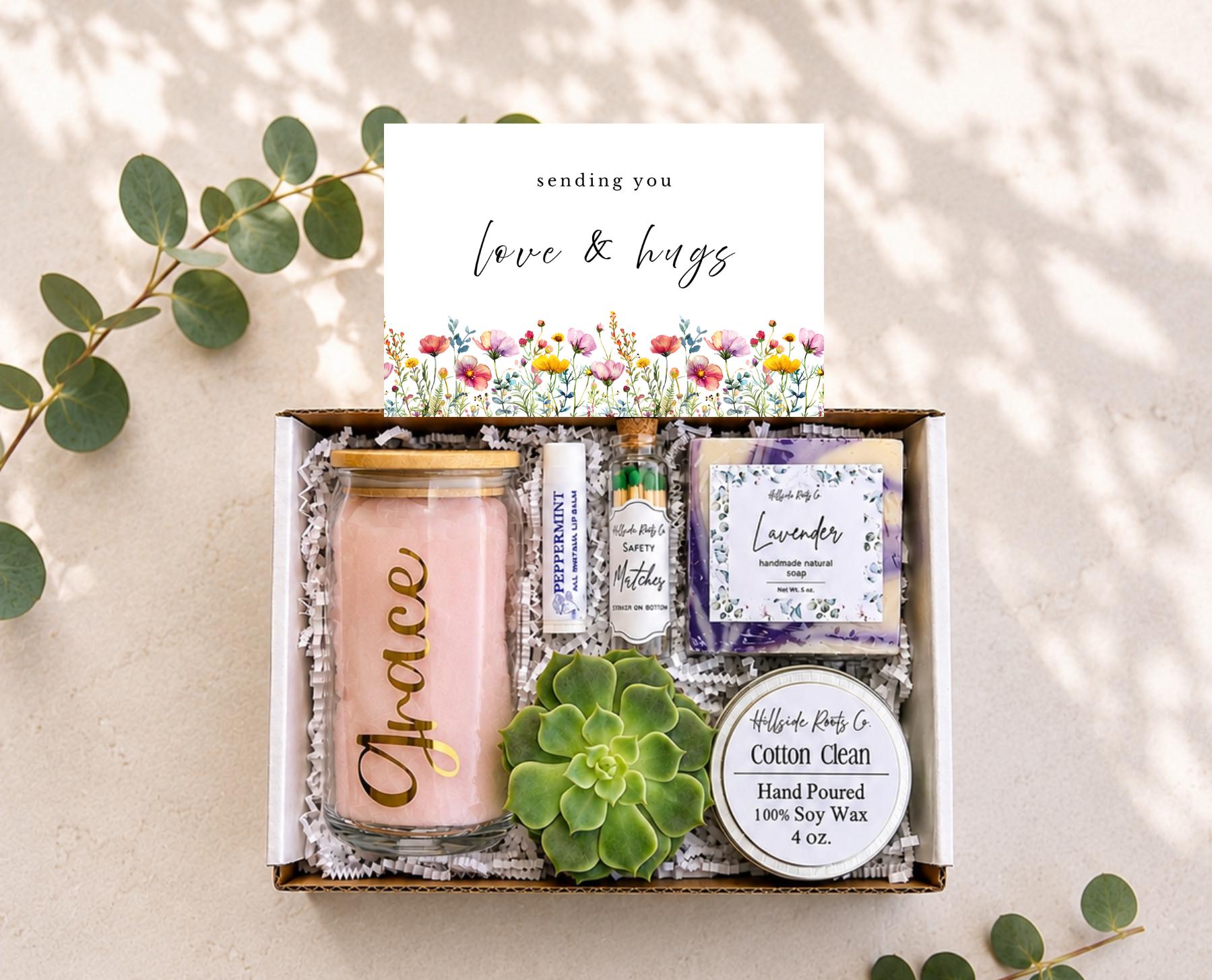 Wild Flower Sympathy Gift Box: Live Succulent, Tumbler, Soy Candle, Natural Soap, Lip Balm