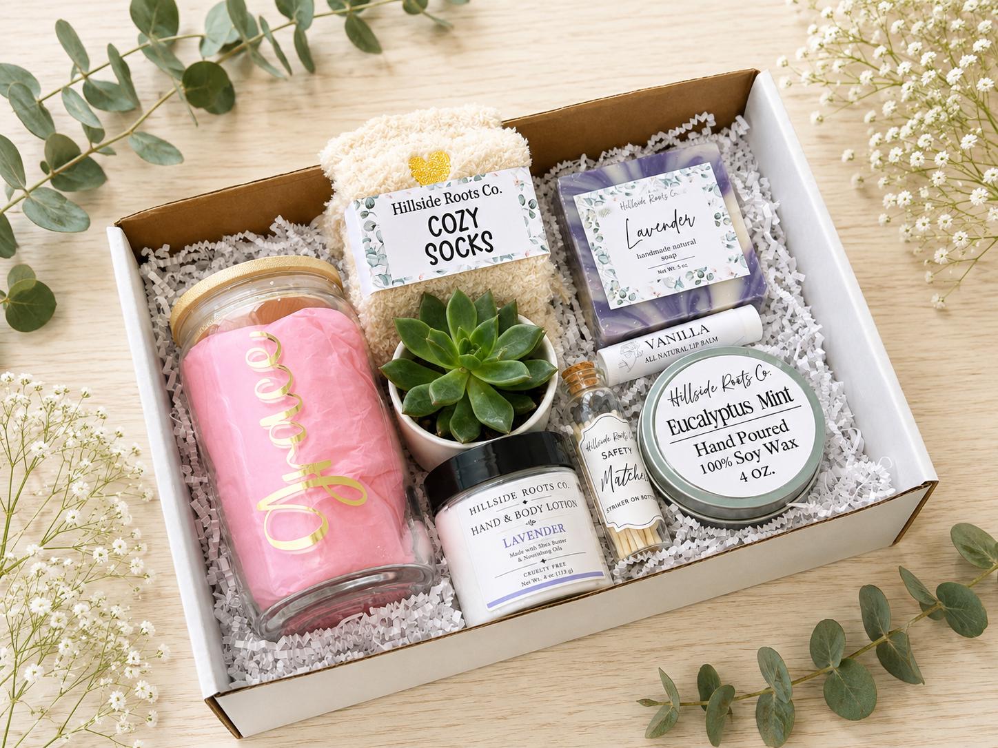 New Mom Gift Box: Live Succulent, Tumbler, Candle, Cozy Socks, Bath Items