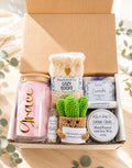 Hug In A Box | Self Care Package for Her- Tumbler, Natural Soap, Soy Candle, Lip Balm, Cozy Socks, Crochet Succulent