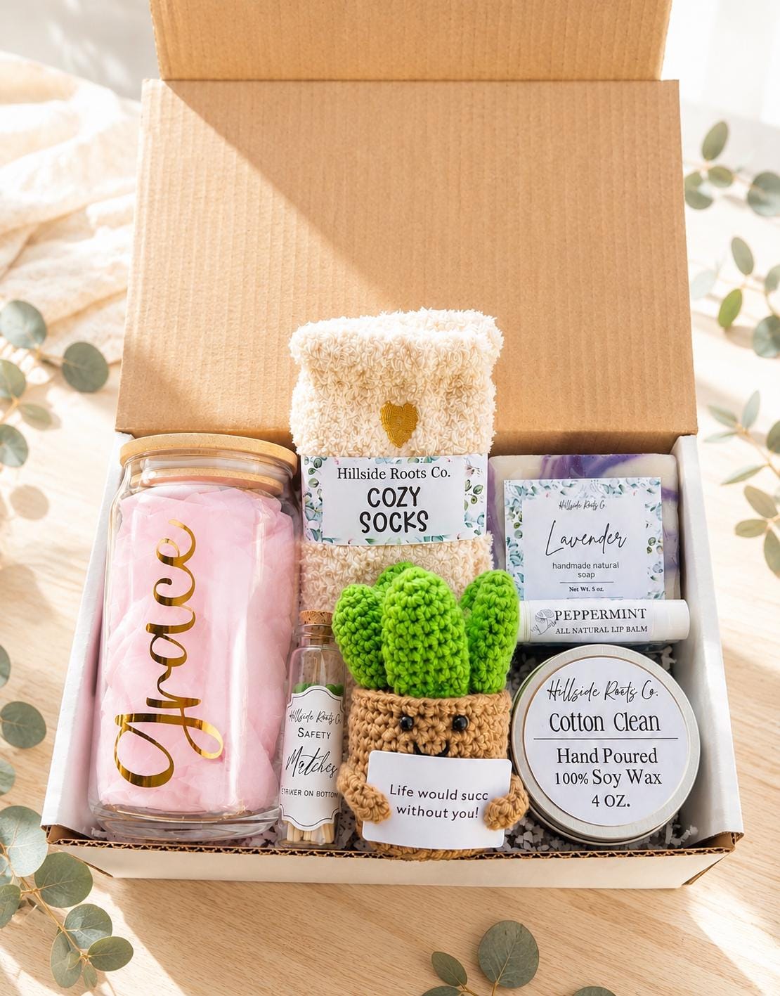 Hug In A Box | Self Care Package for Her- Tumbler, Natural Soap, Soy Candle, Lip Balm, Cozy Socks, Crochet Succulent