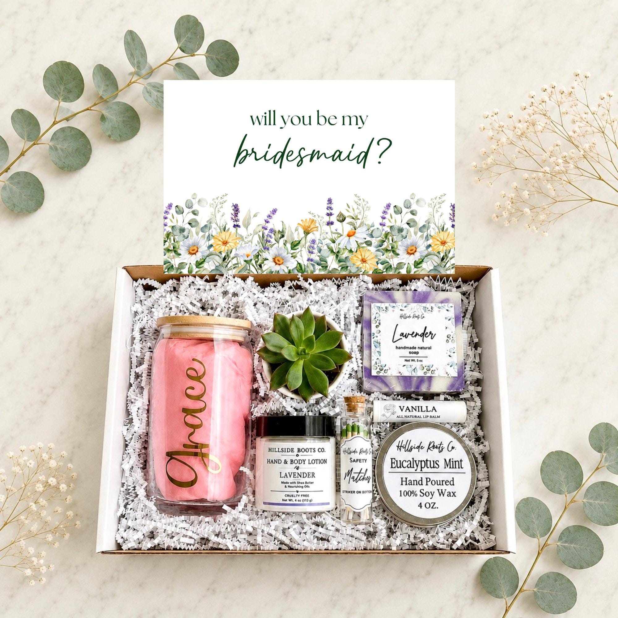 Floral Bridesmaid Proposal Gift Box – Live Succulent, Candle, Spa Items