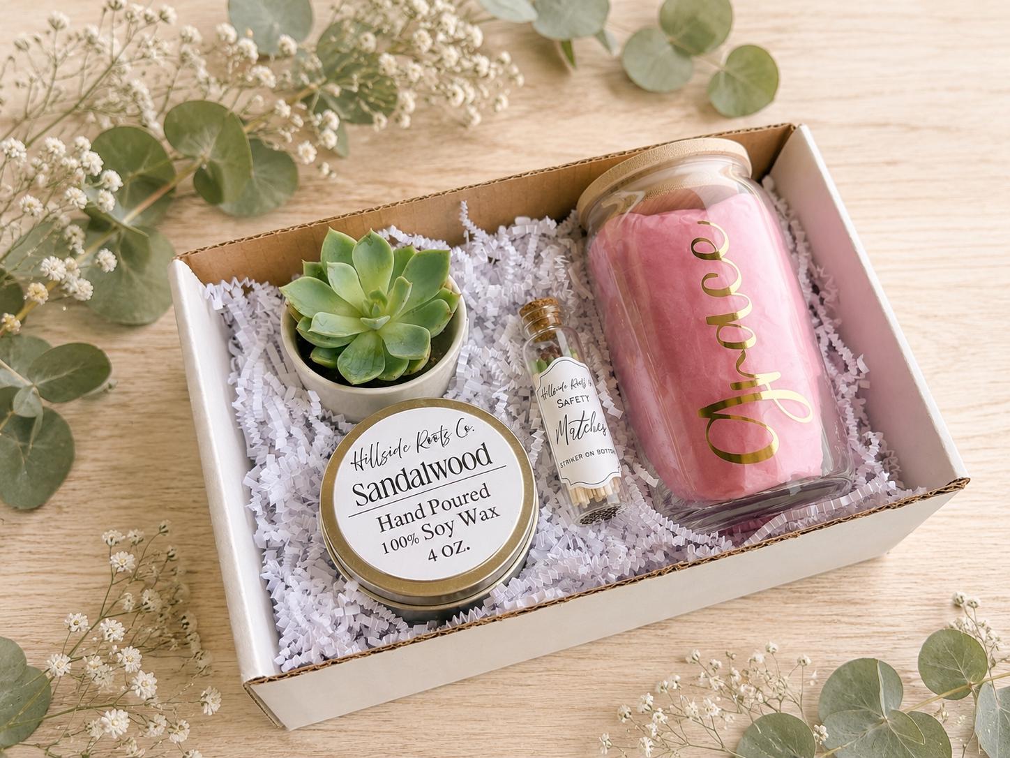 Love & Hugs Care Package, Succulent Gift Box, Soy Wax Candle, Ceramic Pot, Tumbler, Gift Set