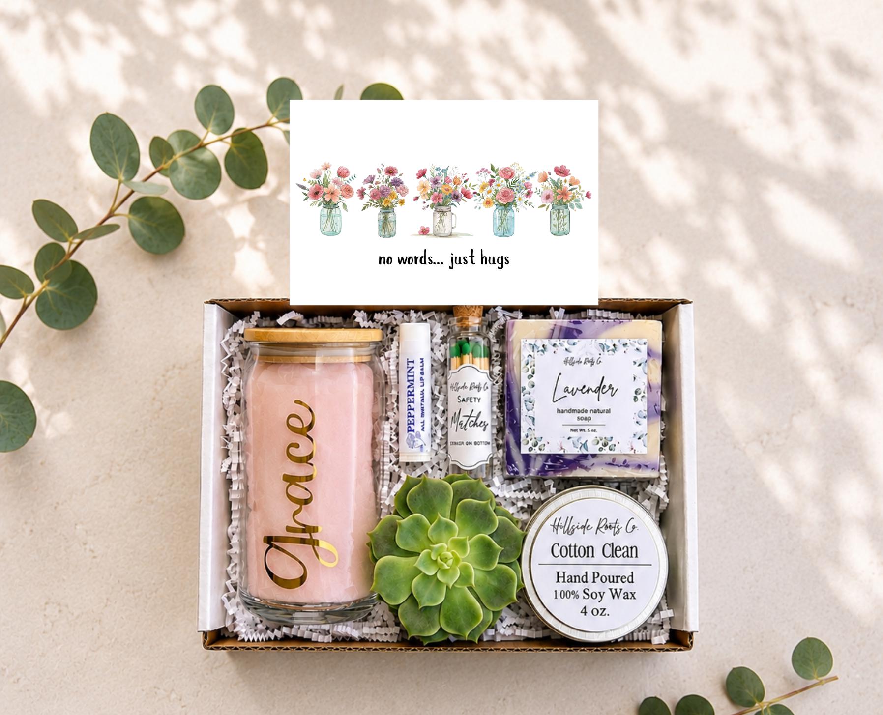 Sending Hugs Gift Box: Live Succulent, Tumbler, Soy Candle, Natural Soap, Lip Balm
