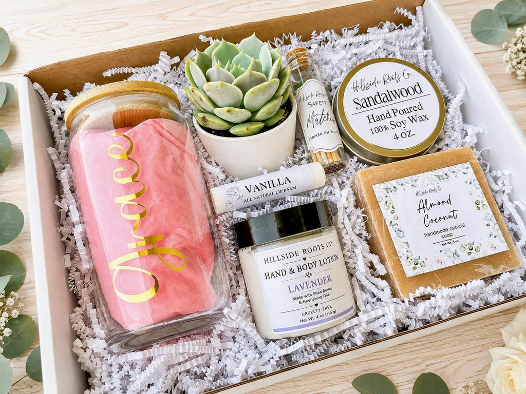 Fall Flowers Succulent Gift Box, Self-Care Spa Basket, Soy Candle, Natural Soap, Lotion