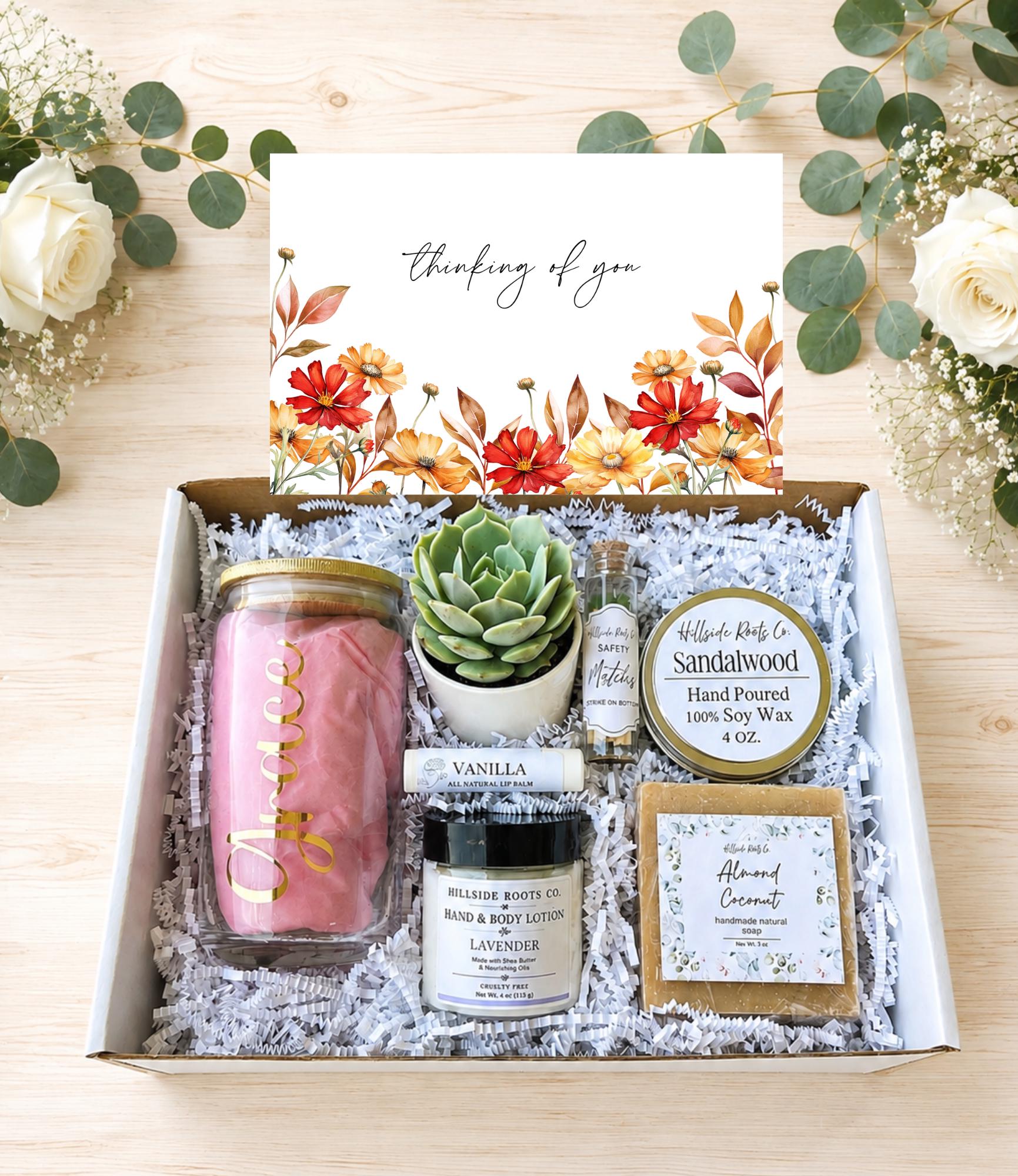 Fall Flowers Succulent Gift Box, Self-Care Spa Basket, Soy Candle, Natural Soap, Lotion