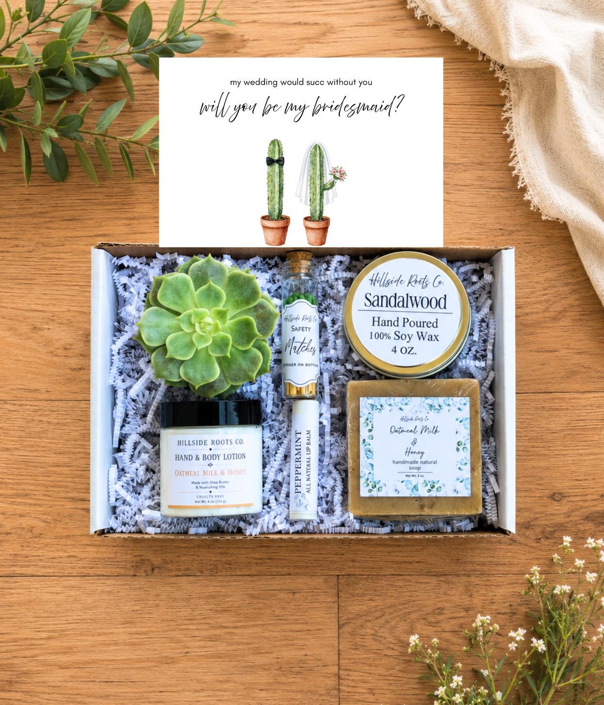 Bridesmaid Proposal Gift Box – Succulent, Candle, Spa Self-Care Basket